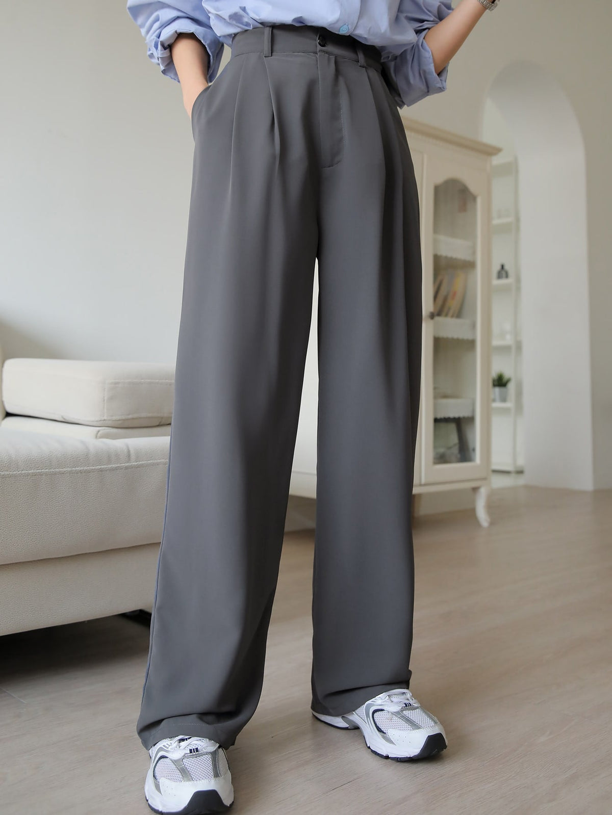 Dark Grey Fold Pleated Slant Pocket Pants