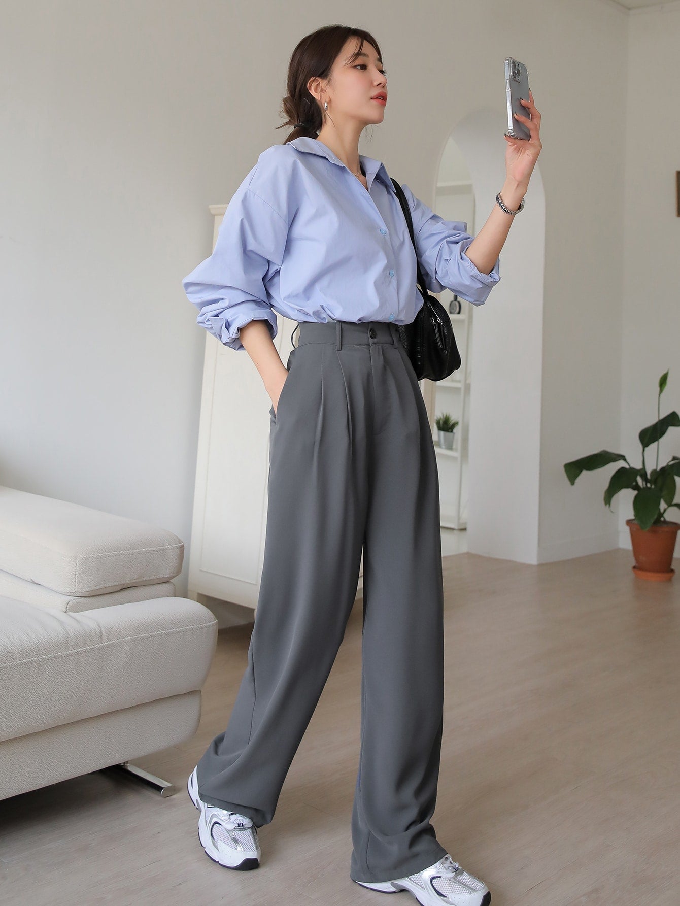 Dark Grey Fold Pleated Slant Pocket Pants