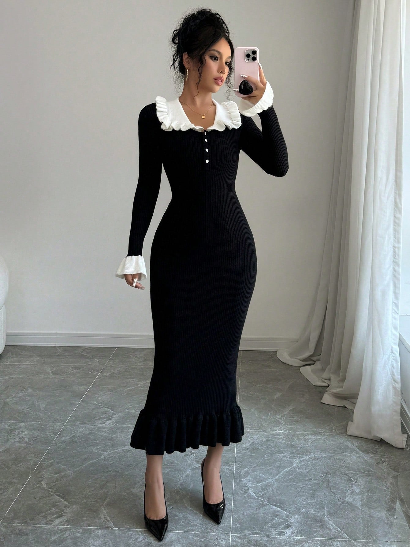 Old Monet Peter Pan Collar Ruffle Sleeve Elegant Sweater Dress