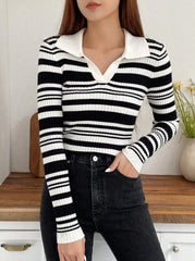 Parien Striped Pattern V-collar Ribbed Knit Sweater