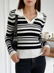 Parien Striped Pattern V-collar Ribbed Knit Sweater